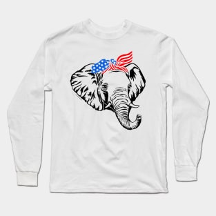 Patriotic Elephant Graphic with American Flag Bandana Long Sleeve T-Shirt